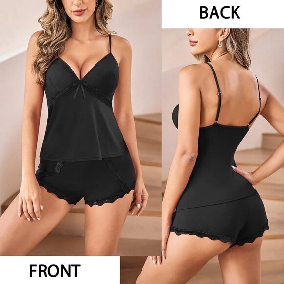 Women Black Pajamas Set Sexy Modal Sleepwear Cami Sleep Lace Trim with Shorts - Picture 2 of 6